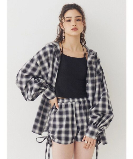 オーバーサイズチェックフードシャツ【セットアップ着用可能】