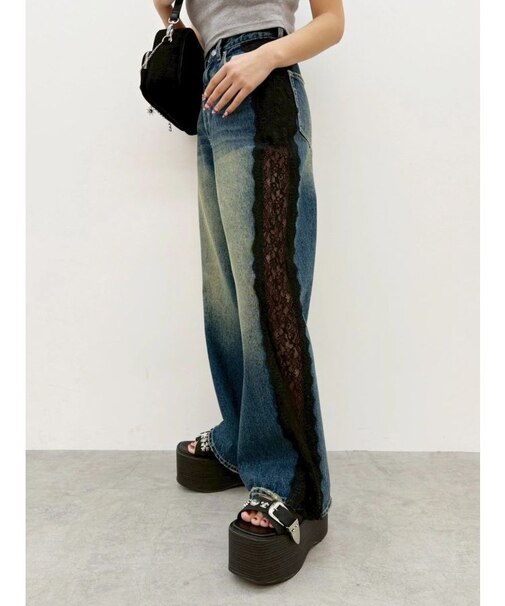サイドレースワイドデニムパンツ