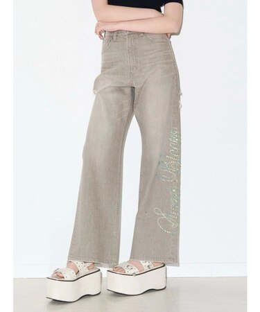 ラインストーンロゴバックスラッシュワイドデニムパンツ