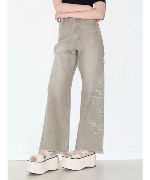 ラインストーンロゴバックスラッシュワイドデニムパンツ
