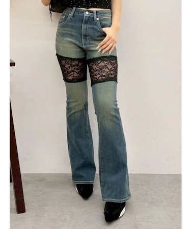 レースドッキングフレアデニムパンツ