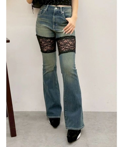 レースドッキングフレアデニムパンツ