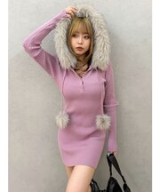 フェイクファーフーディニットミニワンピース