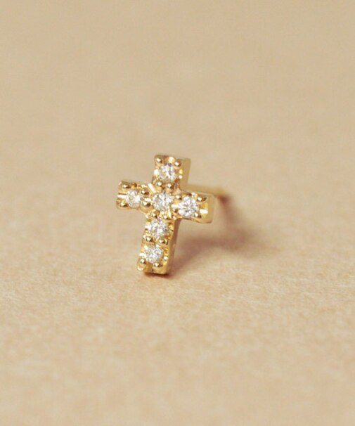K18/10ダイヤモンド ハーフピアス クロス( YG)