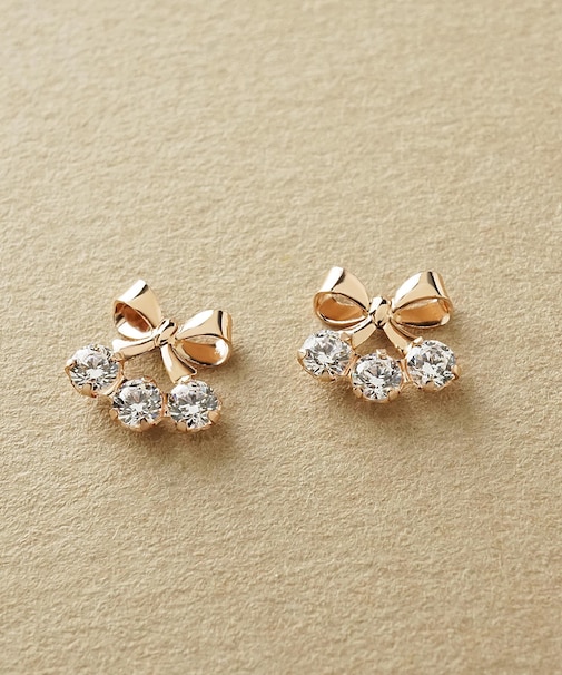 【Lively】K10 リボン3石 ワンポイントピアス( PG)