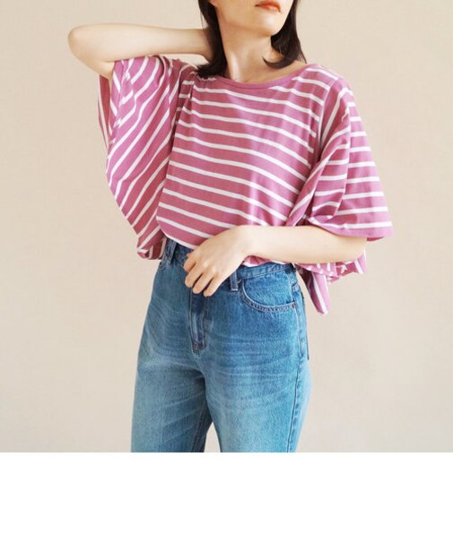 フレアスリーブボーダー柄カットソー