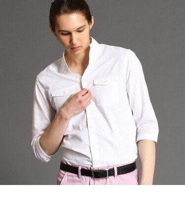 コットンリネンスタンドカラー７分袖シャツ