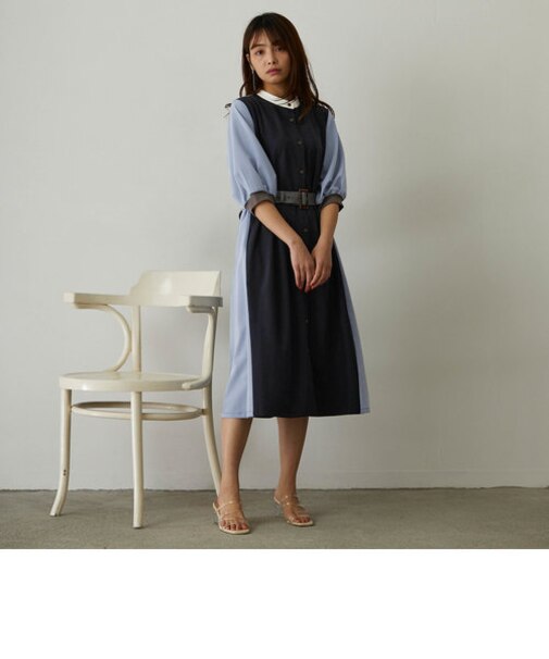 袖口リブバイカラーワンピース