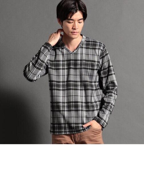 裏起毛ブリスターグレンチェックジャカードVネックカットソー