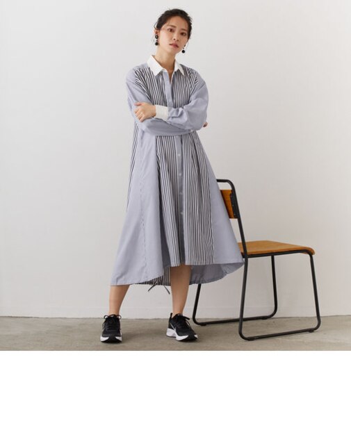 裾ドロストクレリックストライプワンピース