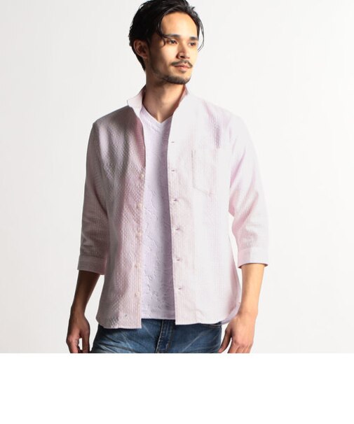 シアードビーチェック７分袖イタリアンカラーシャツ