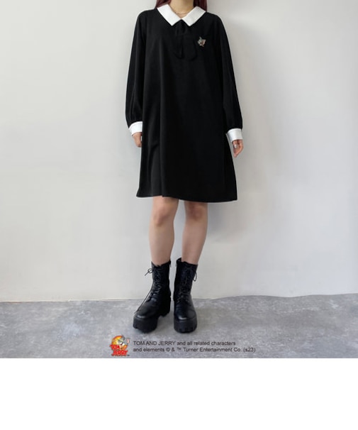 【TOM and JERRY】ワンポイント刺繍リボンタイワンピース