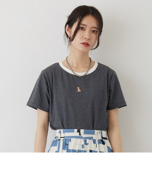 キツネ刺繍リンガーTシャツ