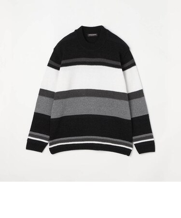 6ＧＧ　モール編地切替ボーダー柄モックネックニット