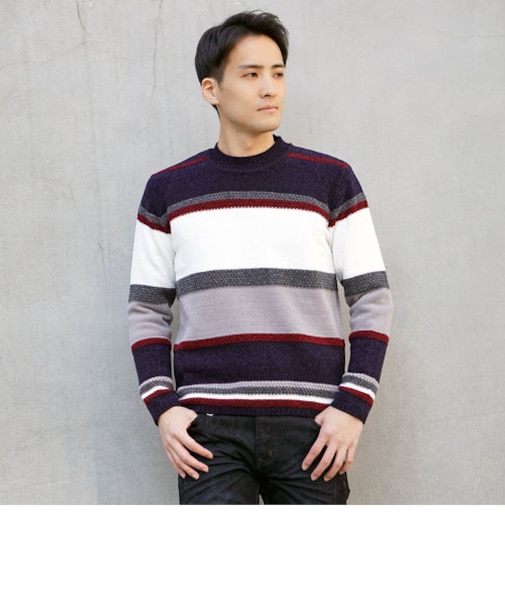 6ＧＧ　モール編地切替ボーダー柄モックネックニット