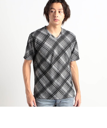 ブリスターチェックジャガードＶネック半袖Ｔシャツ