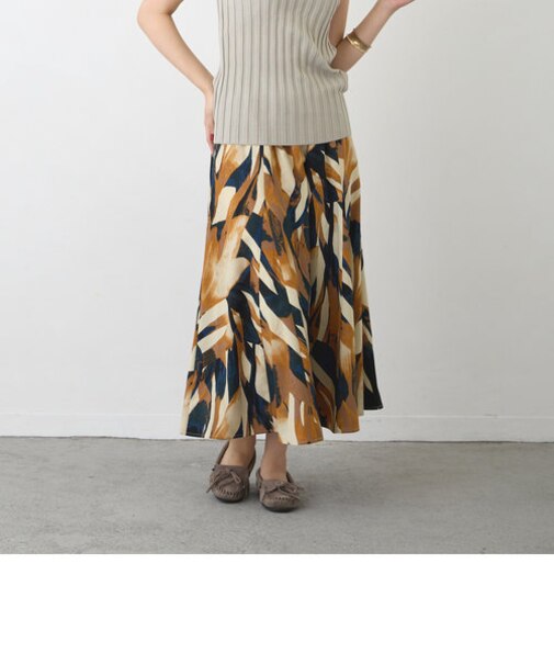 柄デシン ウエストリブ フレアスカート