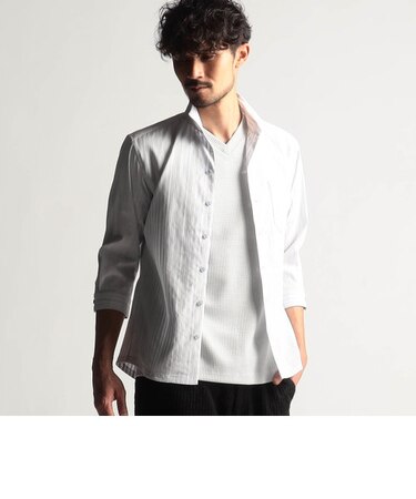 リバーシブルドビー７分袖スタンドカラーシャツ