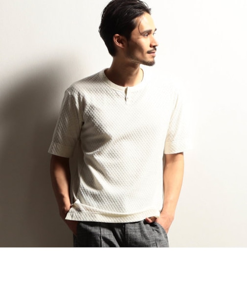 【RIELABO】シャーリングジャカード半袖キーネックカットソー