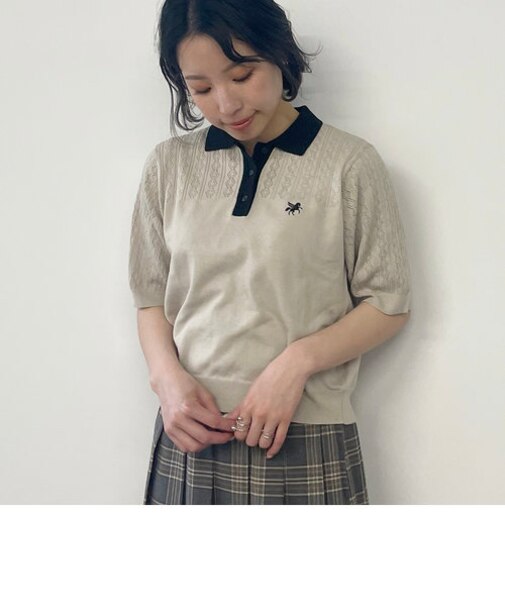 ダイヤ柄 透かし編みポロニット/半袖