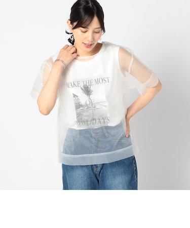 【2枚セット】リゾートプリントタンクトップ+オーガンジーTEE
