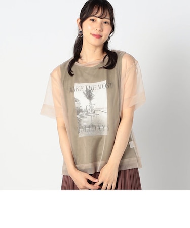 【2枚セット】リゾートプリントタンクトップ+オーガンジーTEE