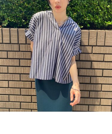 異素材切り替えストライプブラウス