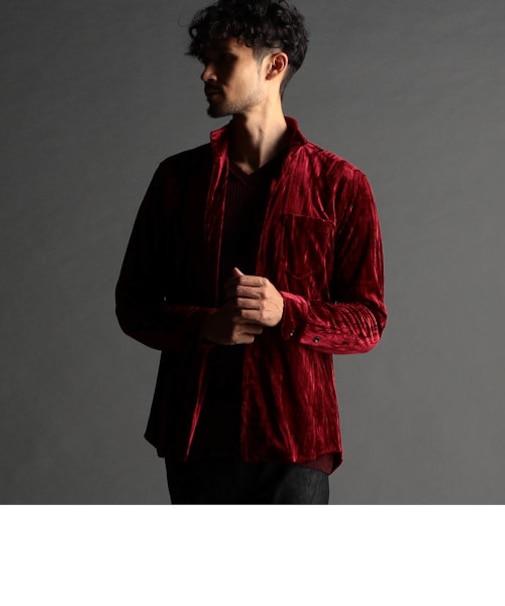 ストレッチプリーツベロア スタンドシャツ