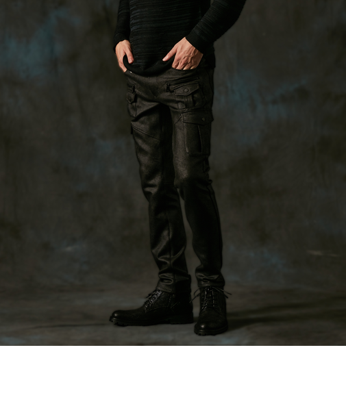 マイクロ起毛ポンチ　ムラプリント多ポケットカーゴパンツ