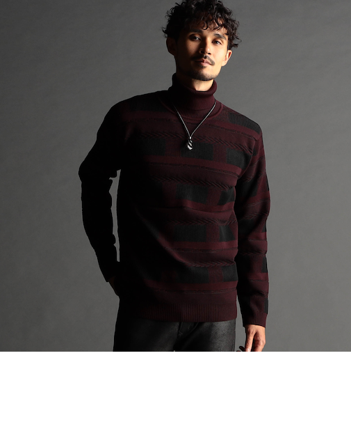 編地切り替 タートルネックニット