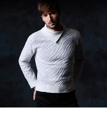 ゼブラ柄衿ファスナータートルネックニット