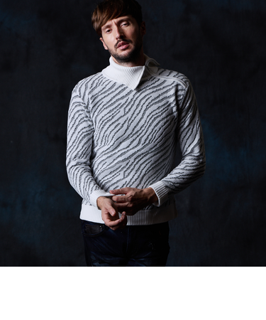 ゼブラ柄衿ファスナータートルネックニット