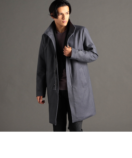 ダウンファブリックヘリンボン スタンドカラーコート