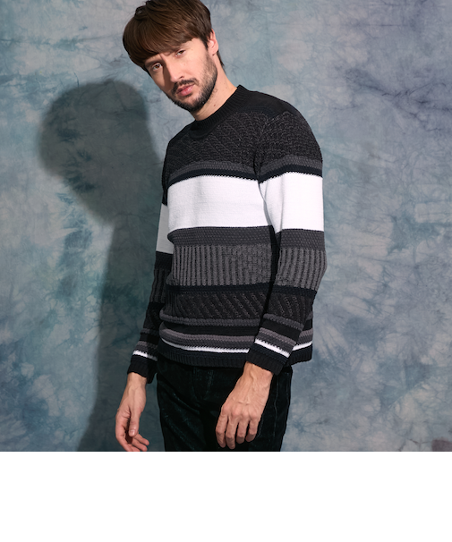 編地切替ボーダークルーネックプルオーバー