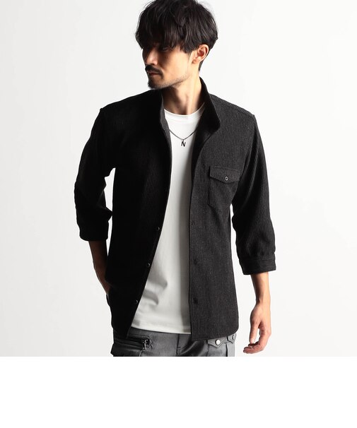 ラッセルストライプスタンドカラー7分袖シャツ