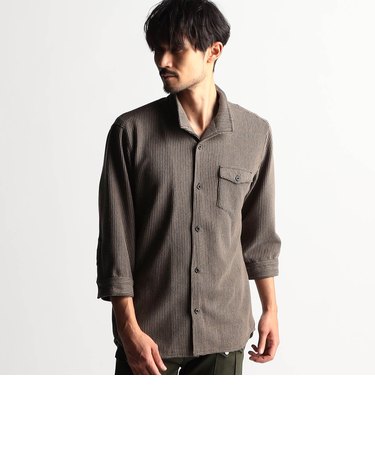 ラッセルストライプスタンドカラー7分袖シャツ