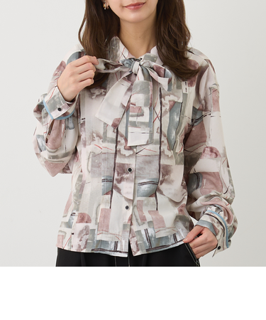 ボウタイ付きアシンメトリー柄シャツ