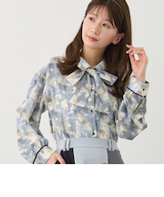ボウタイ付きアシンメトリー柄シャツ
