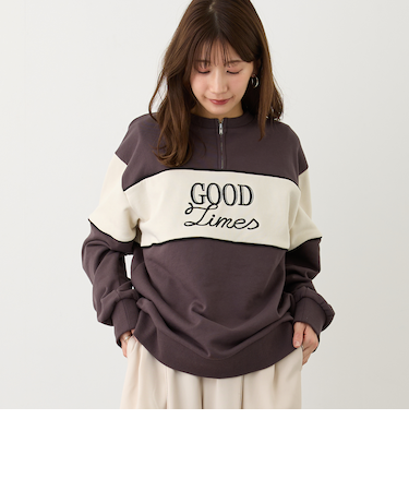 ZIP付きバイカラー刺繍スウェット