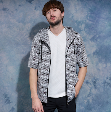 ジオメトリックプリント5分袖フードパーカー