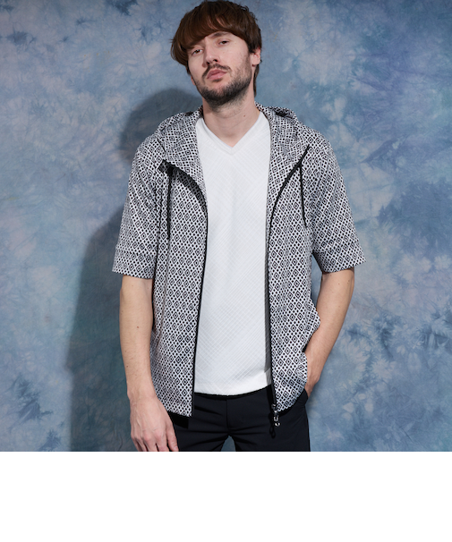 ジオメトリックプリント5分袖フードパーカー