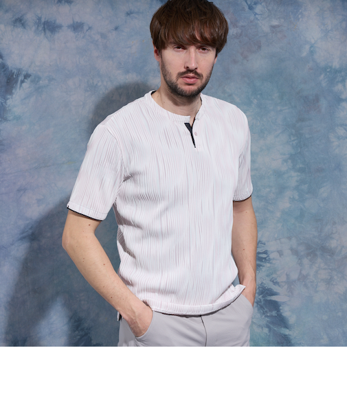 【WEB限定】ウェーブタックジャガードヘンリーネック半袖プルオーバー