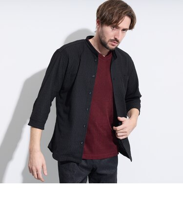 バーク風ジャガード7分袖バンドカラーシャツ