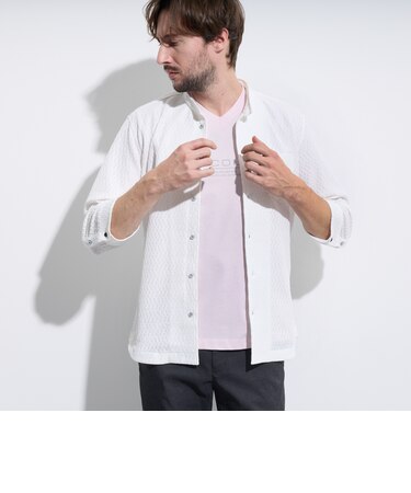 バーク風ジャガード7分袖バンドカラーシャツ