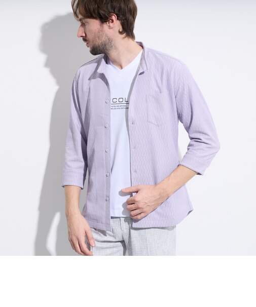 バーク風ジャガード7分袖バンドカラーシャツ