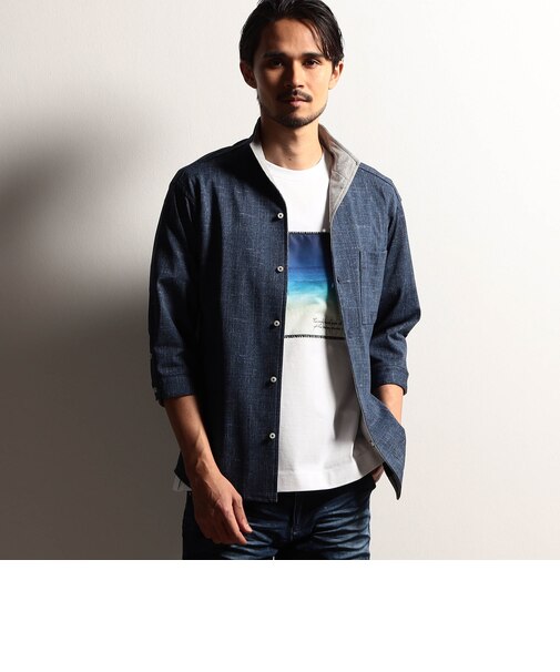 【RIELABO】カスレプリント ７分袖スタンドカラーシャツ