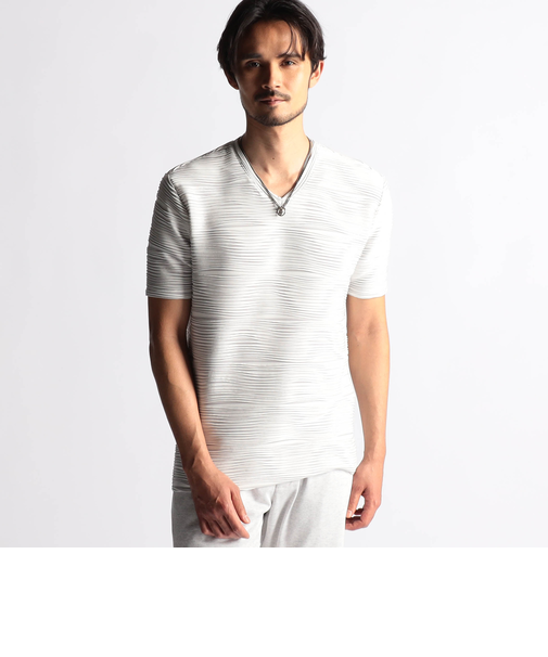 ウェーブタックジャカードVネック半袖プルオーバー