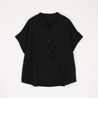 リネンライク　バンドカラー五分袖ブラウス