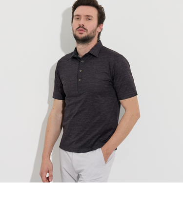 メランジプリントメッシュ半袖スキッパーポロシャツ