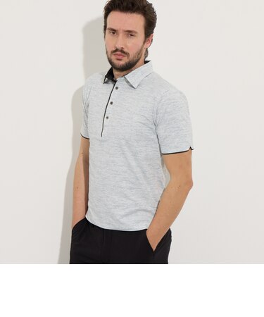 メランジプリントメッシュ半袖スキッパーポロシャツ